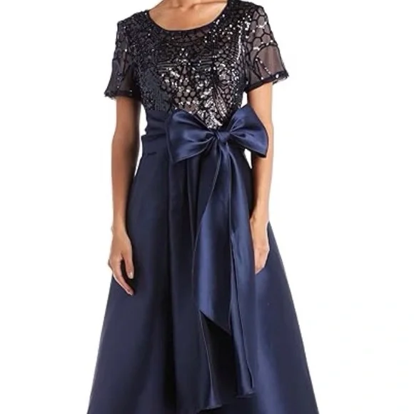 R&M Richards Blue Sequin Embellished Asymmetrical front design Midi Gown Size 12 - Picture 1 of 7